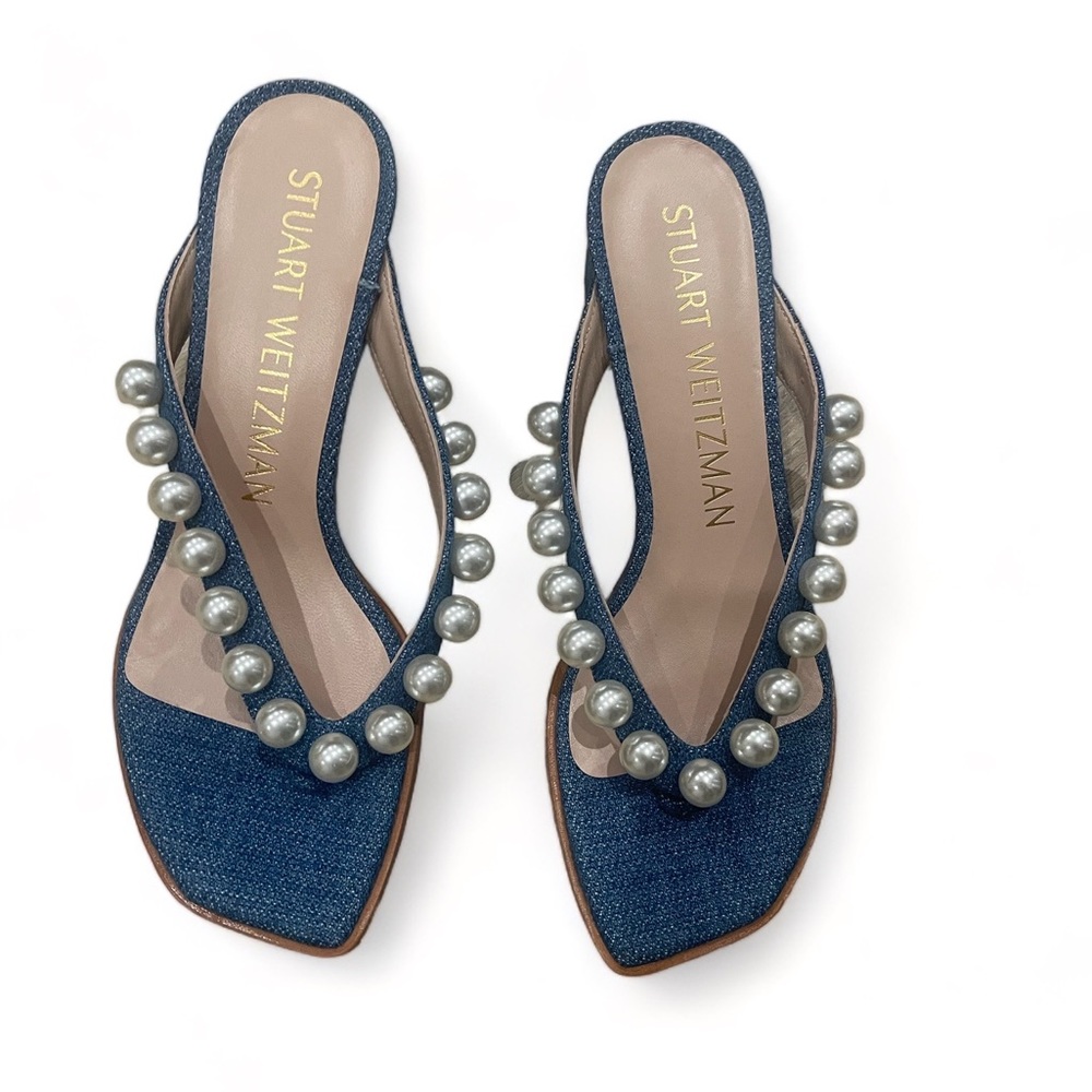 NEW Stuart Weitzman Goldie Embellished Denim Block-Heel Thong Sandals